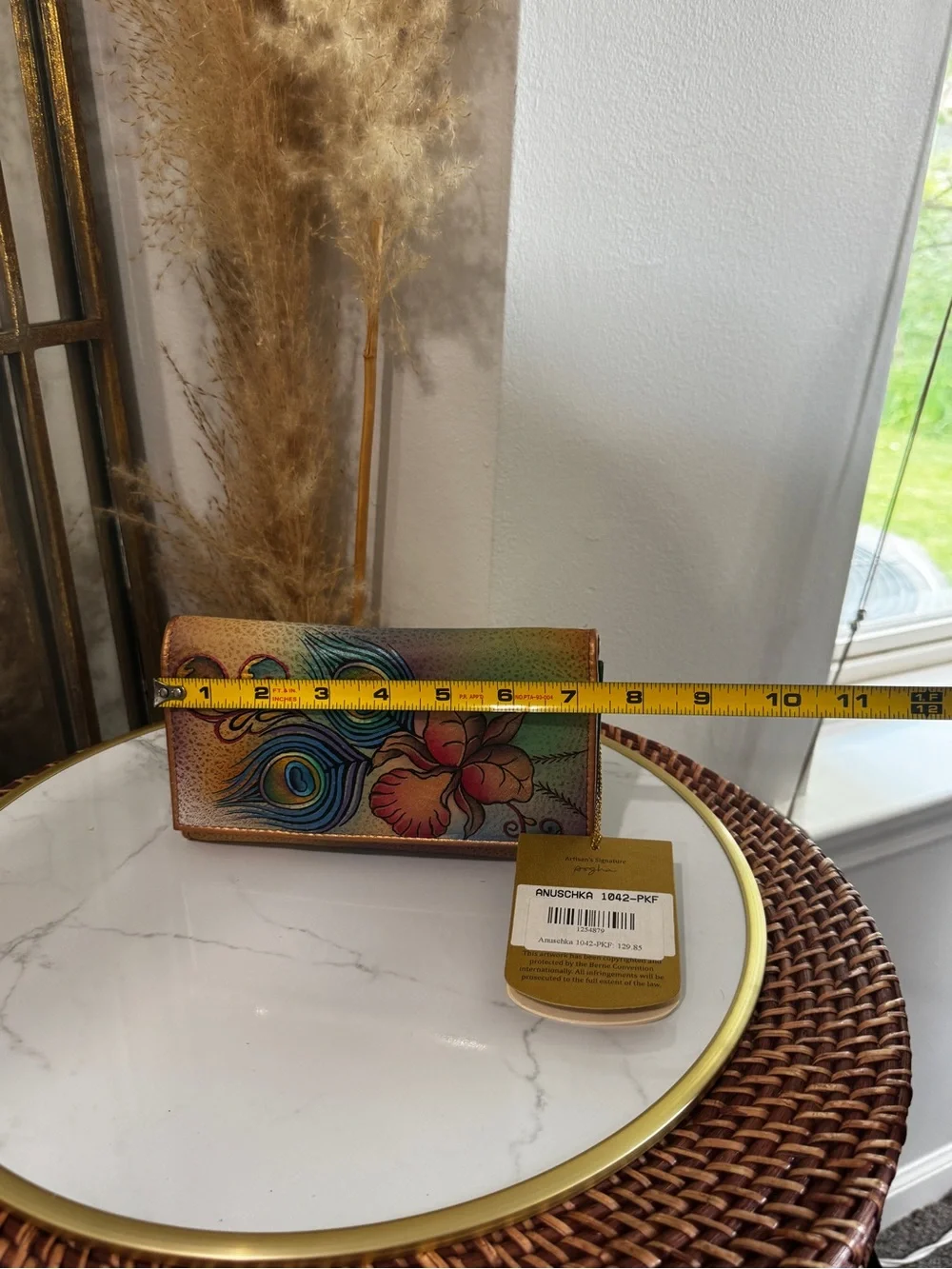 Anuschka Hand-Painted Peacock & Floral Card Holder - Teal, Blue, Green, Orange
